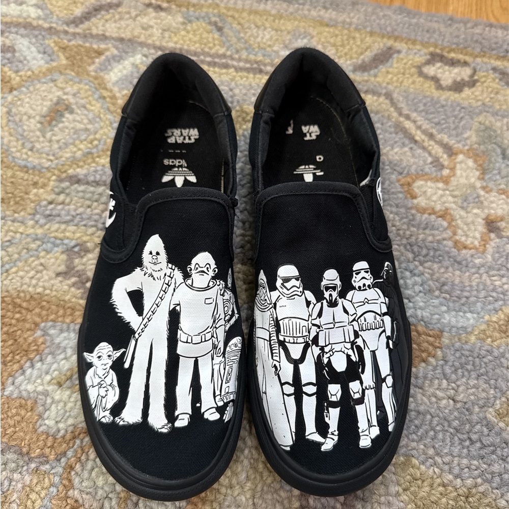 adidas Black Slip-On Canvas Loafers with White Star Wars Character Graphic